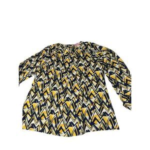 Regna Womens Blue Yellow Zig Zag Balloon Sleeve Round Neck Blouse Top Size Small